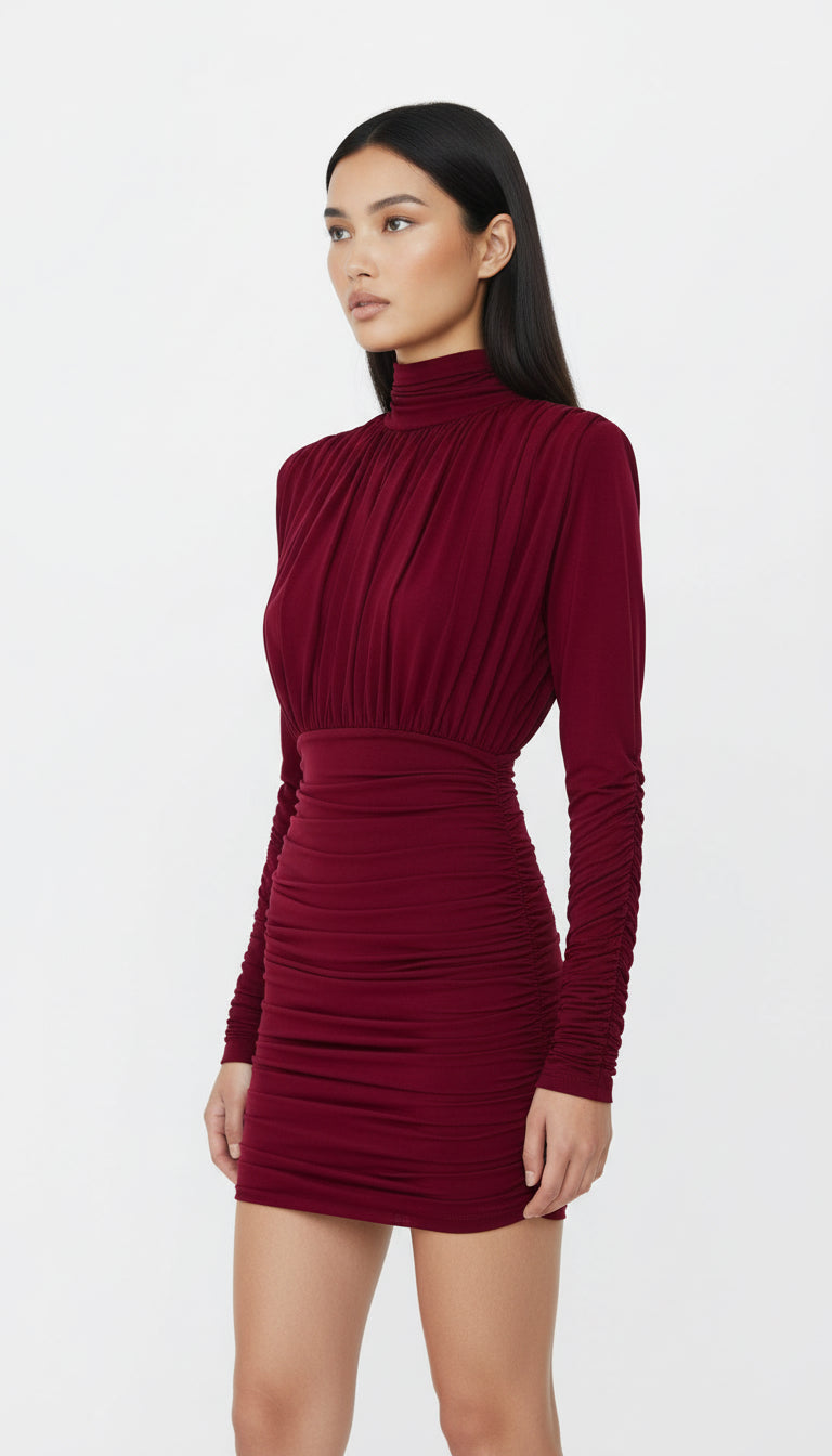 AMOR DRAPED Claret Red MINI DRESS