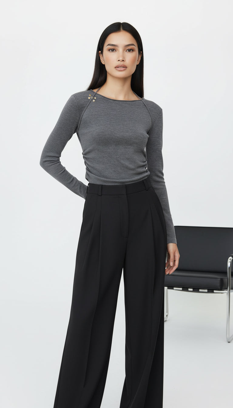 LOVIS WOOL BLACK PALAZZO TROUSERS