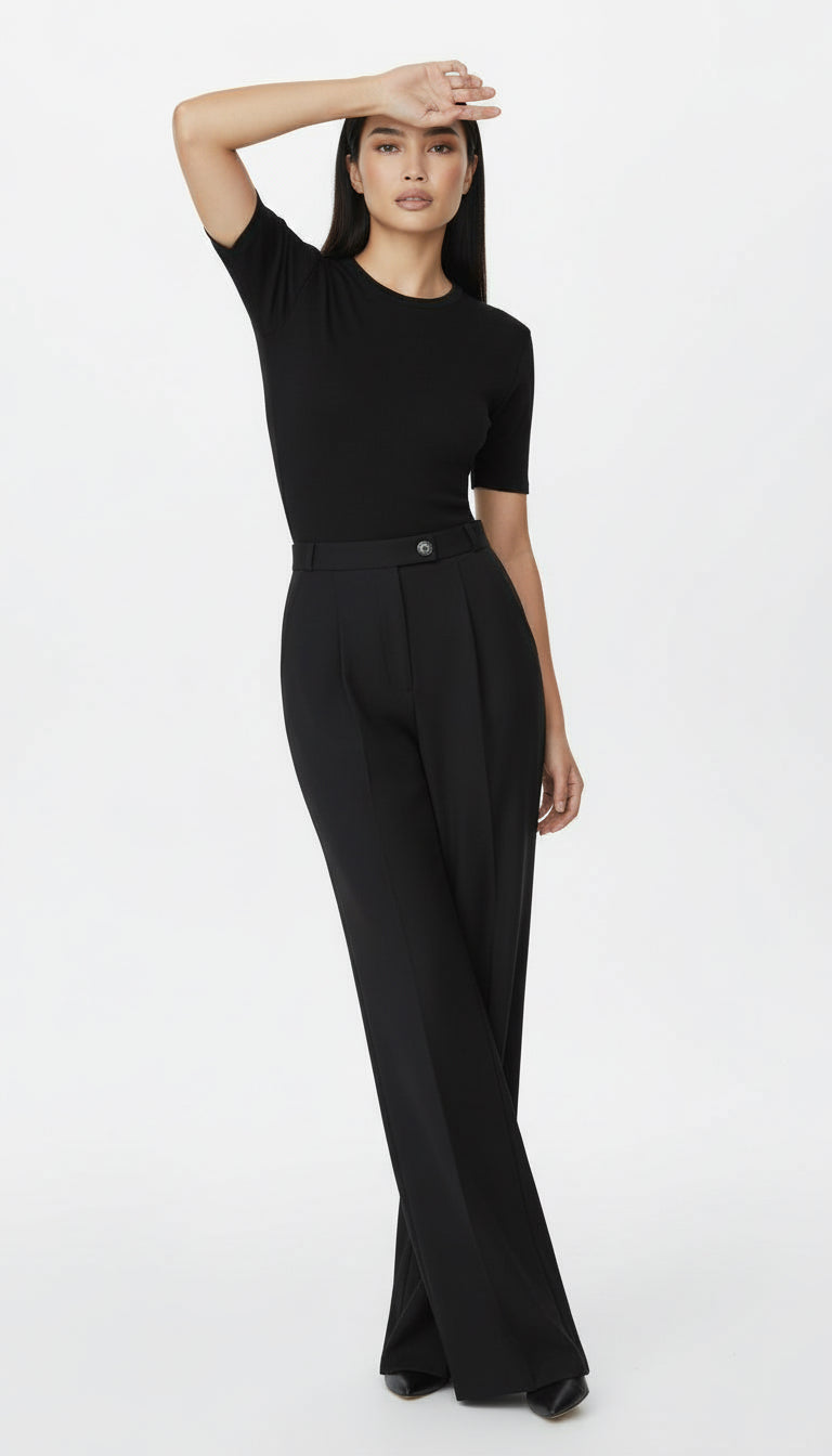 GARTER WOOL BLACK PALAZZO TROUSERS