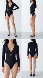 UMA SİYAH V YAKA BODYSUIT