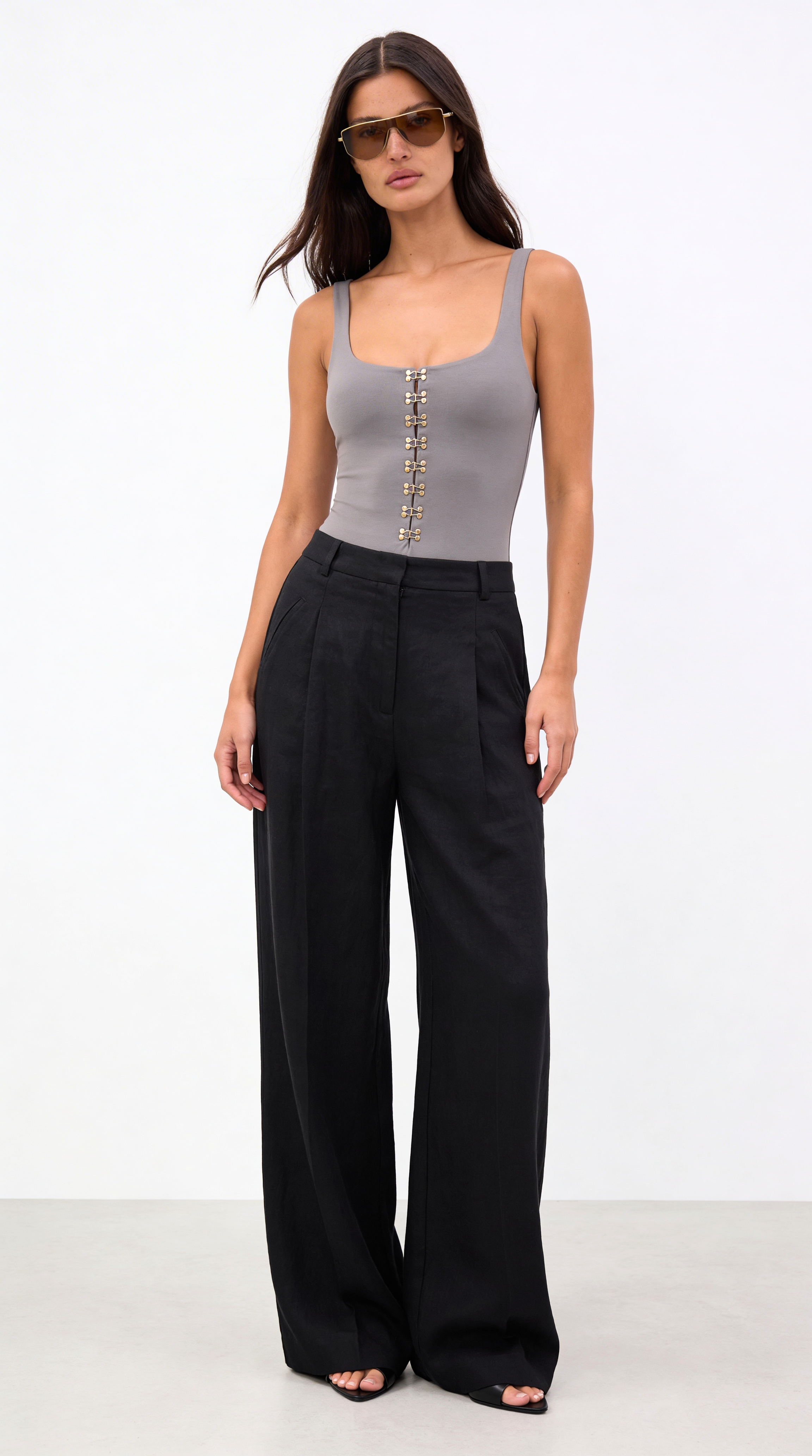 DIANDRA DİKİŞ DETAYLI ORGANİK KETEN SİYAH PANTOLON