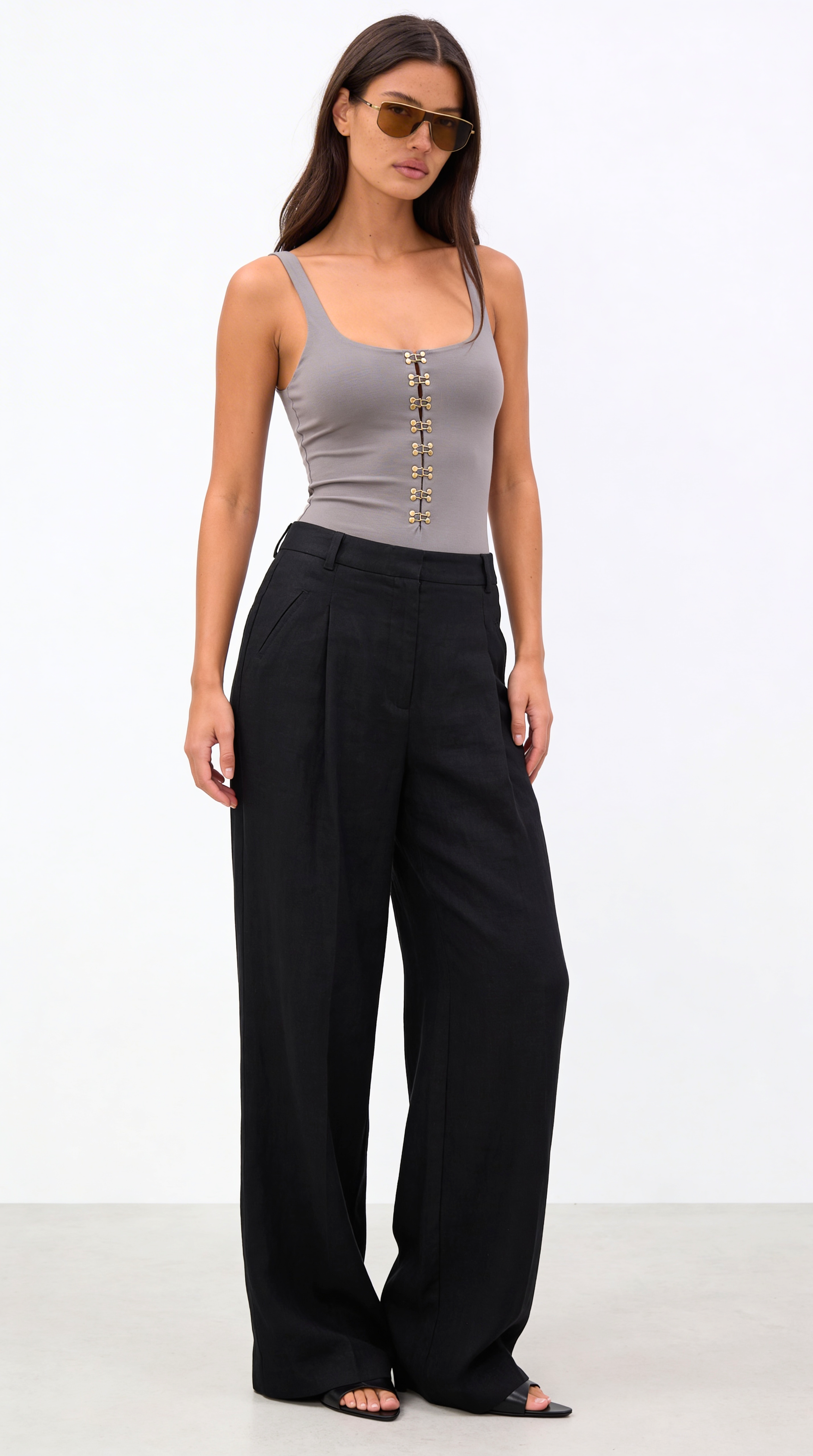 DIANDRA DİKİŞ DETAYLI ORGANİK KETEN SİYAH PANTOLON