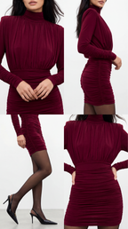 AMOR DRAPELİ BORDO MİNİ ELBİSE