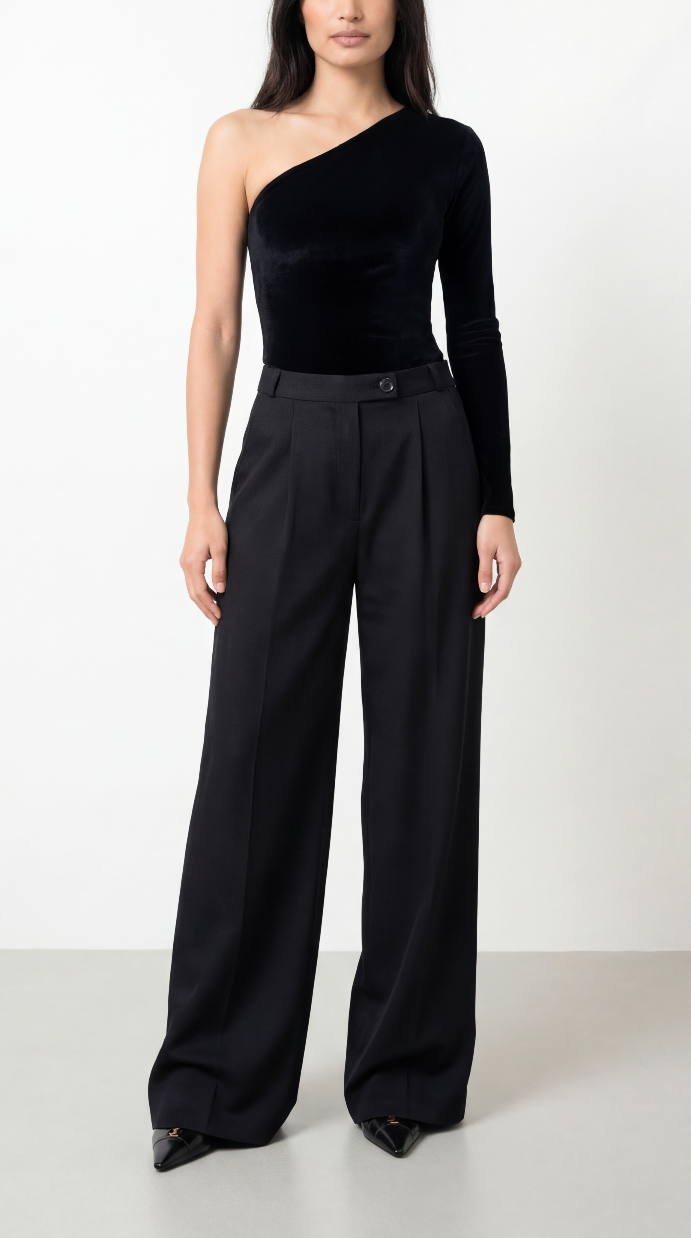GARTER WOOL BLACK PALAZZO TROUSERS