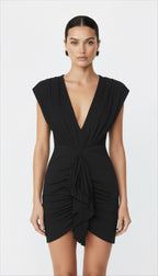 JERSEY DERİN V YAKA DRAPELİ MİNİ ELBİSE