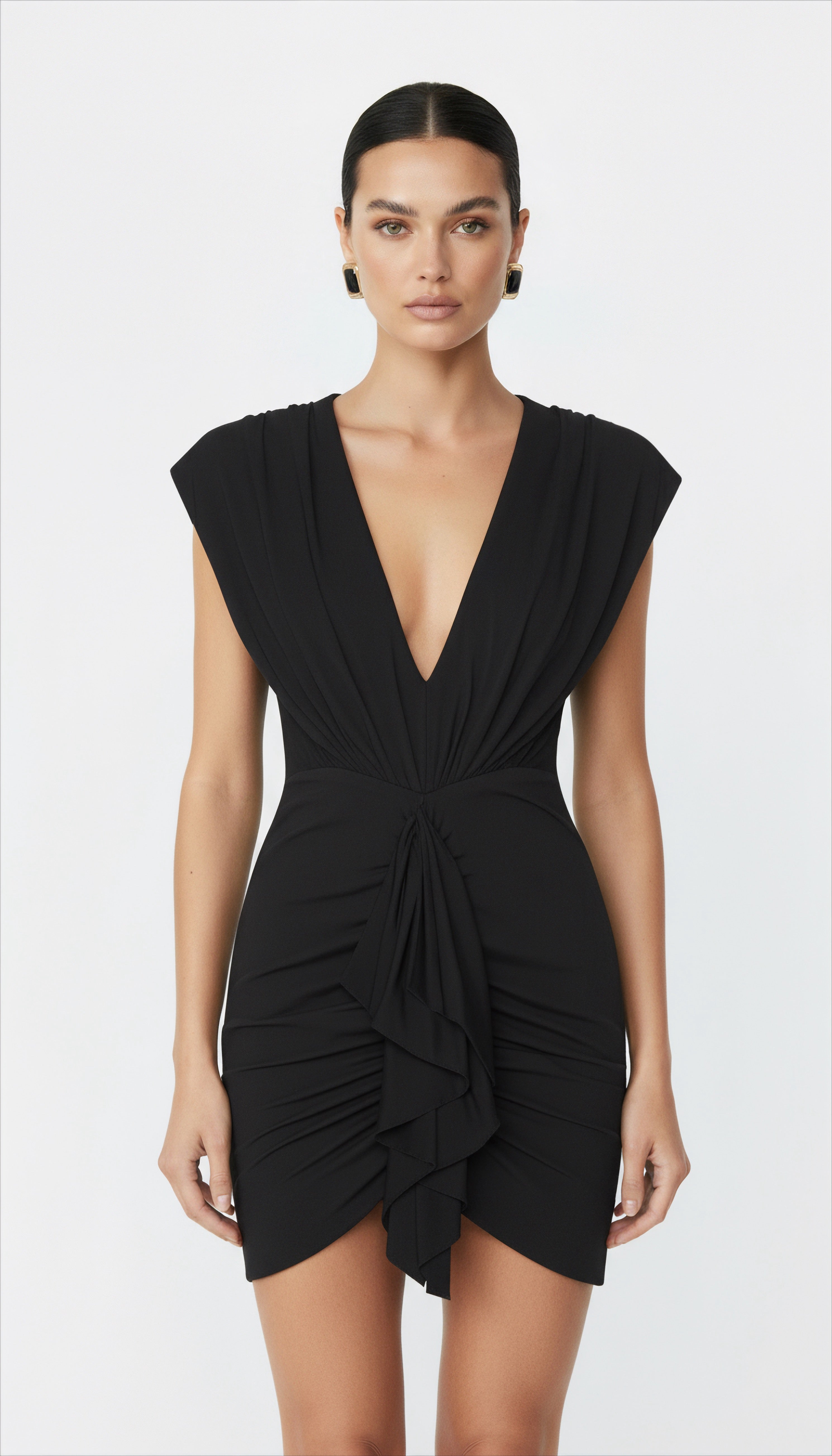 JERSEY DERİN V YAKA DRAPELİ MİNİ ELBİSE