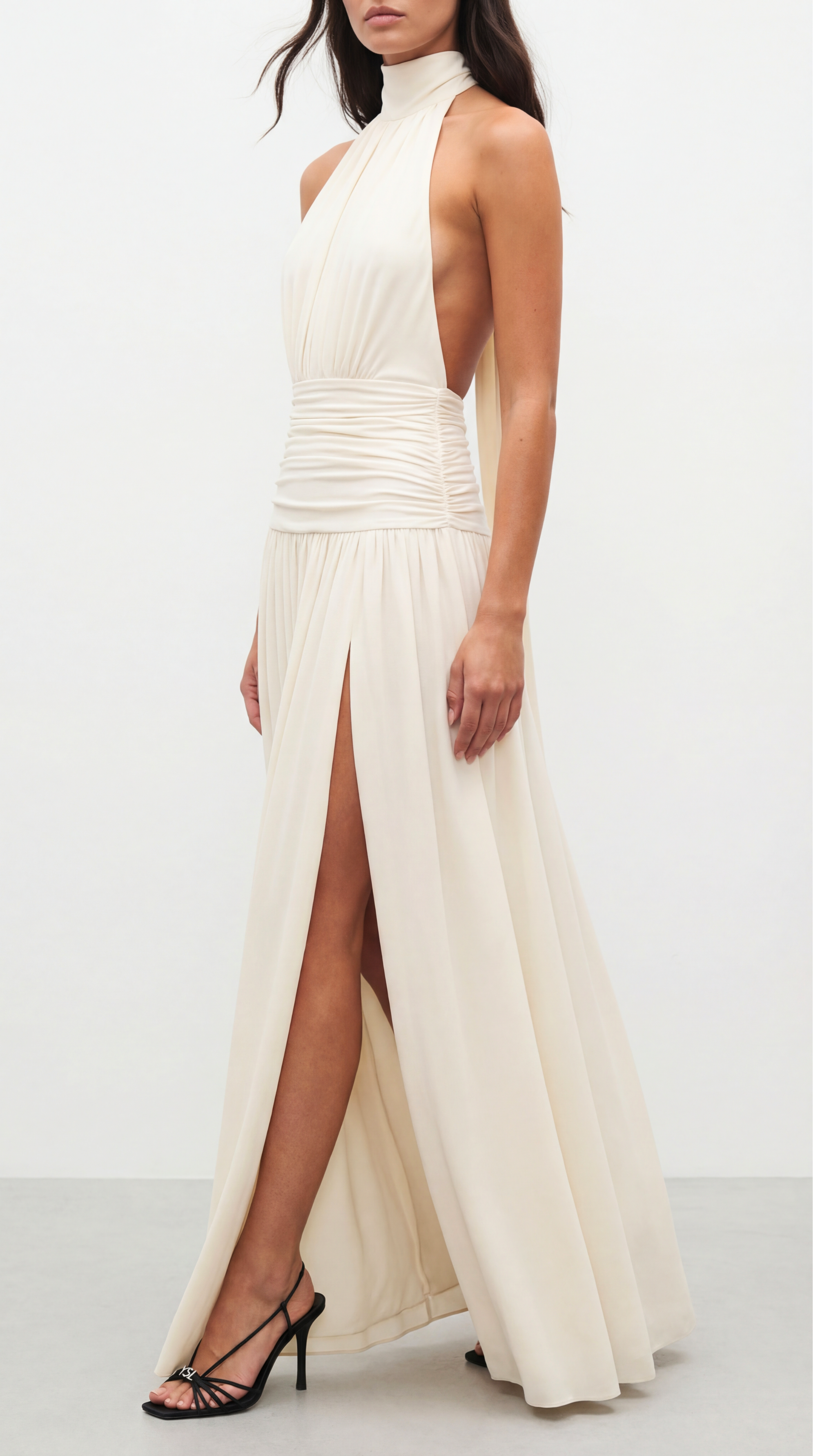 SLOAN UZUN EKRU DRAPELİ ELBİSE