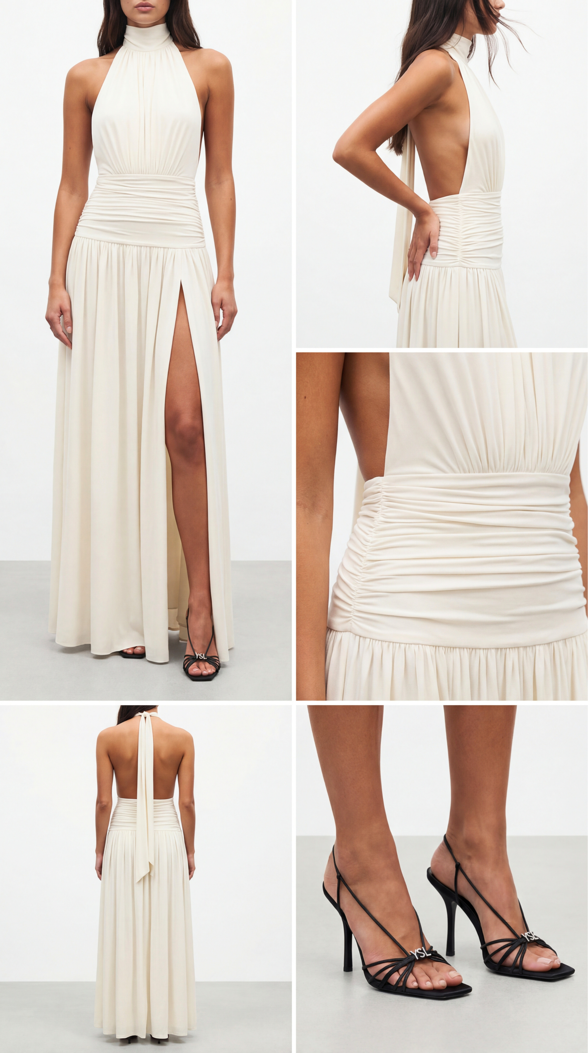 SLOAN UZUN EKRU DRAPELİ ELBİSE