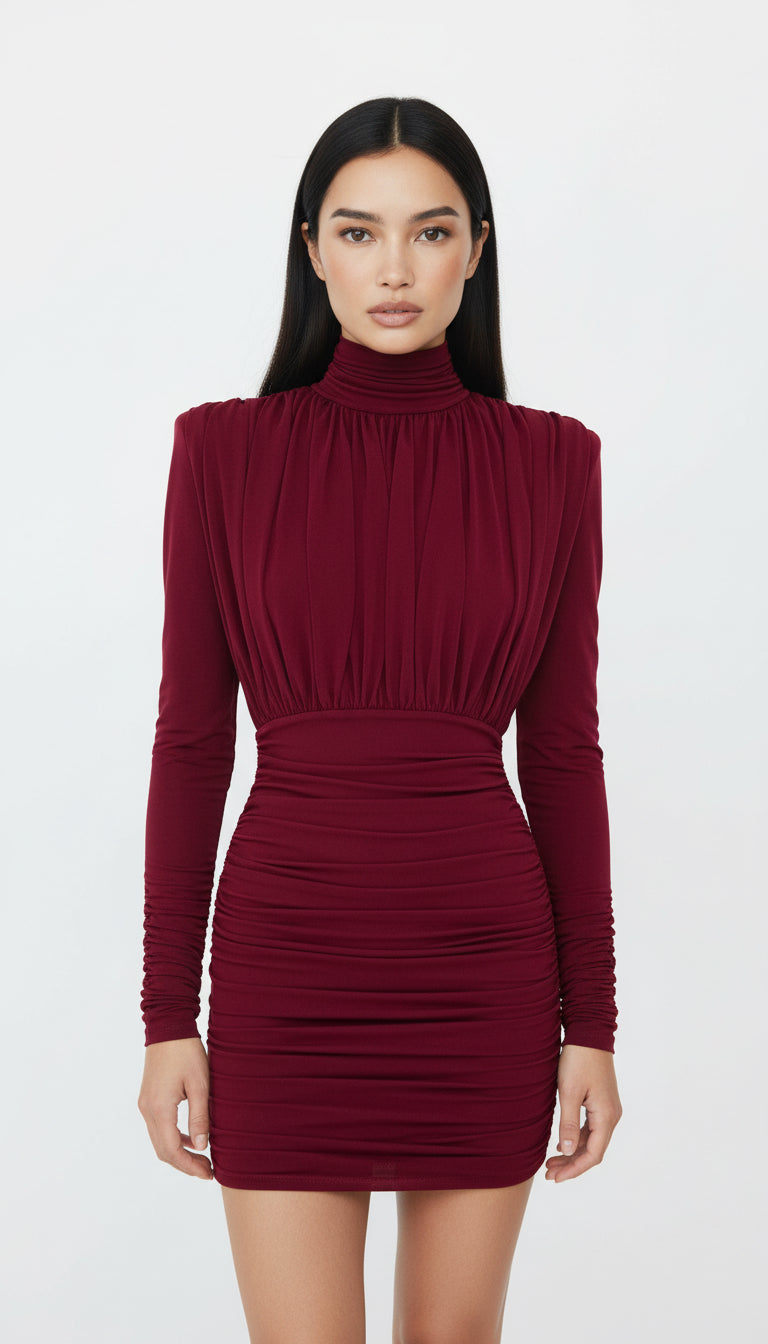 AMOR DRAPELİ BORDO MİNİ ELBİSE