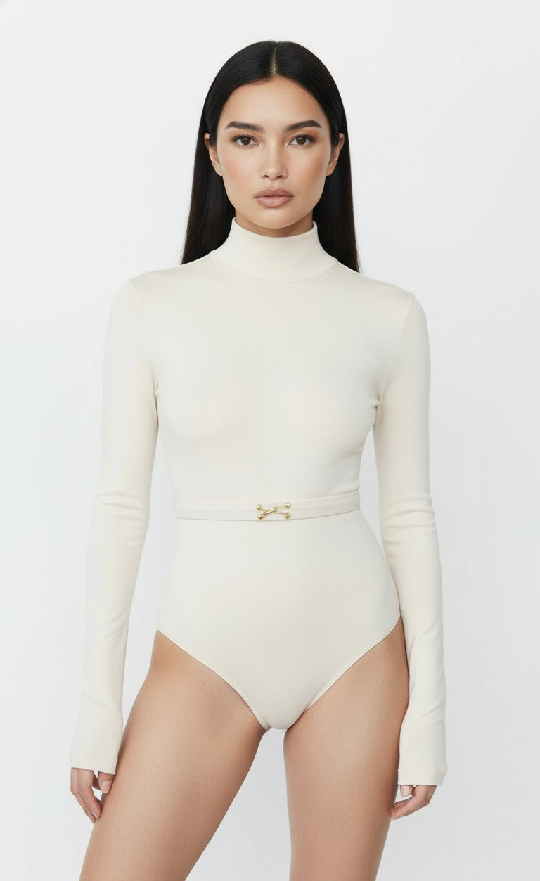 CIAR KEMER DETAYLI EKRU BODYSUIT