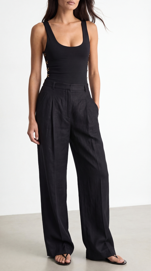 DIANDRA DİKİŞ DETAYLI ORGANİK KETEN SİYAH PANTOLON