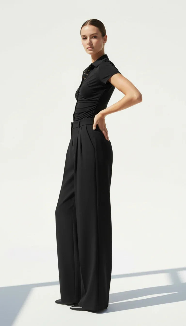 LOVIS SILK WOOL BLACK PALAZZO TROUSERS