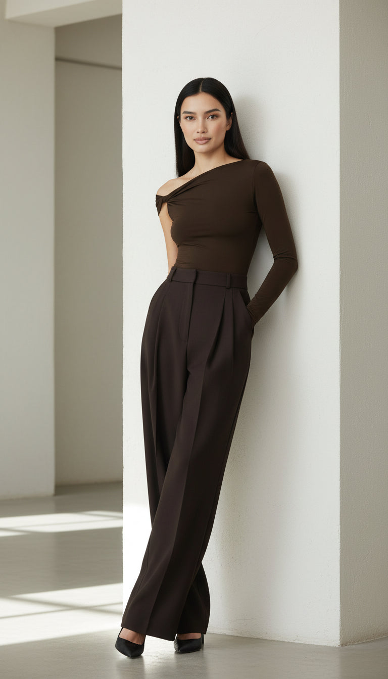 LOVIS SILK WOOL BROWN PALAZZO TROUSERS