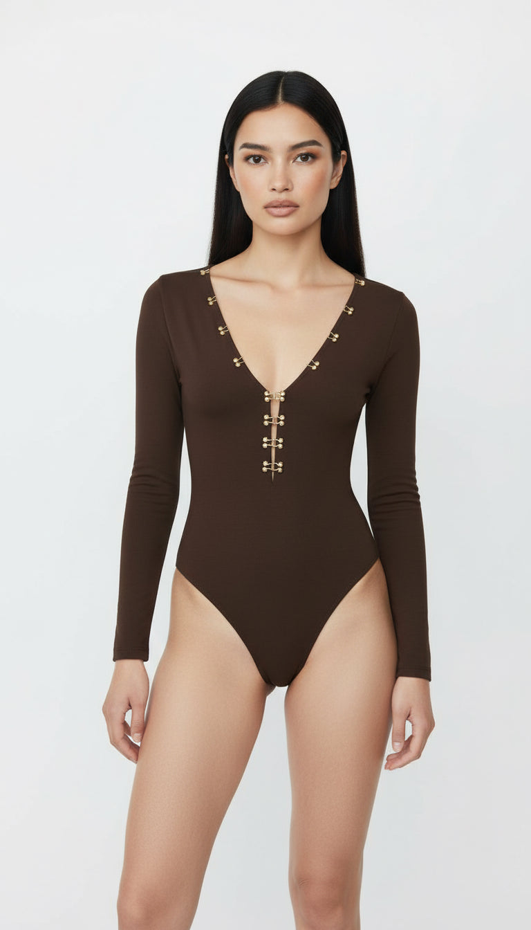 UMA BROWN V-NECK BODYSUIT