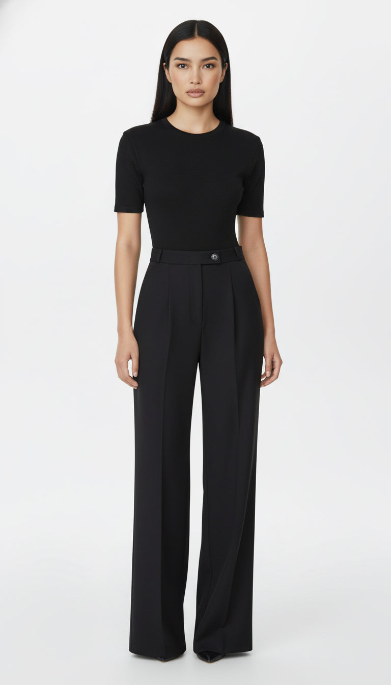 GARTER WOOL BLACK PALAZZO TROUSERS