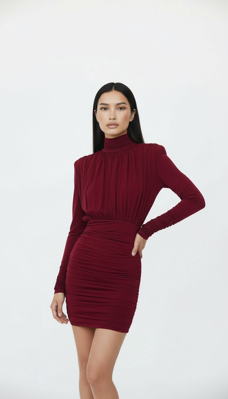 AMOR DRAPELİ BORDO MİNİ ELBİSE