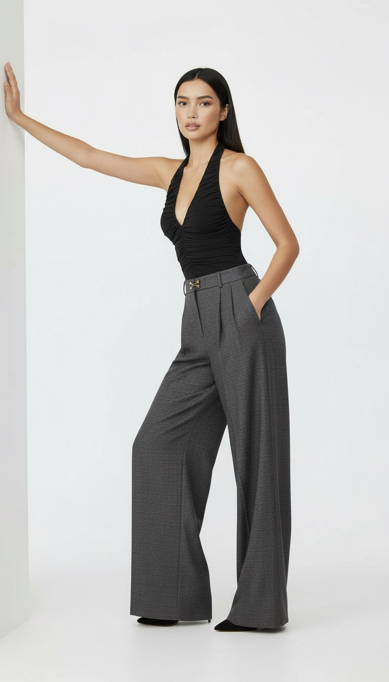 DAWN AGRAF DETAYLI YÜN GRİ PALAZZO PANTOLON