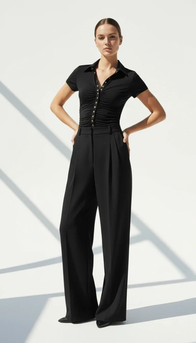 LOVIS SILK WOOL BLACK PALAZZO TROUSERS