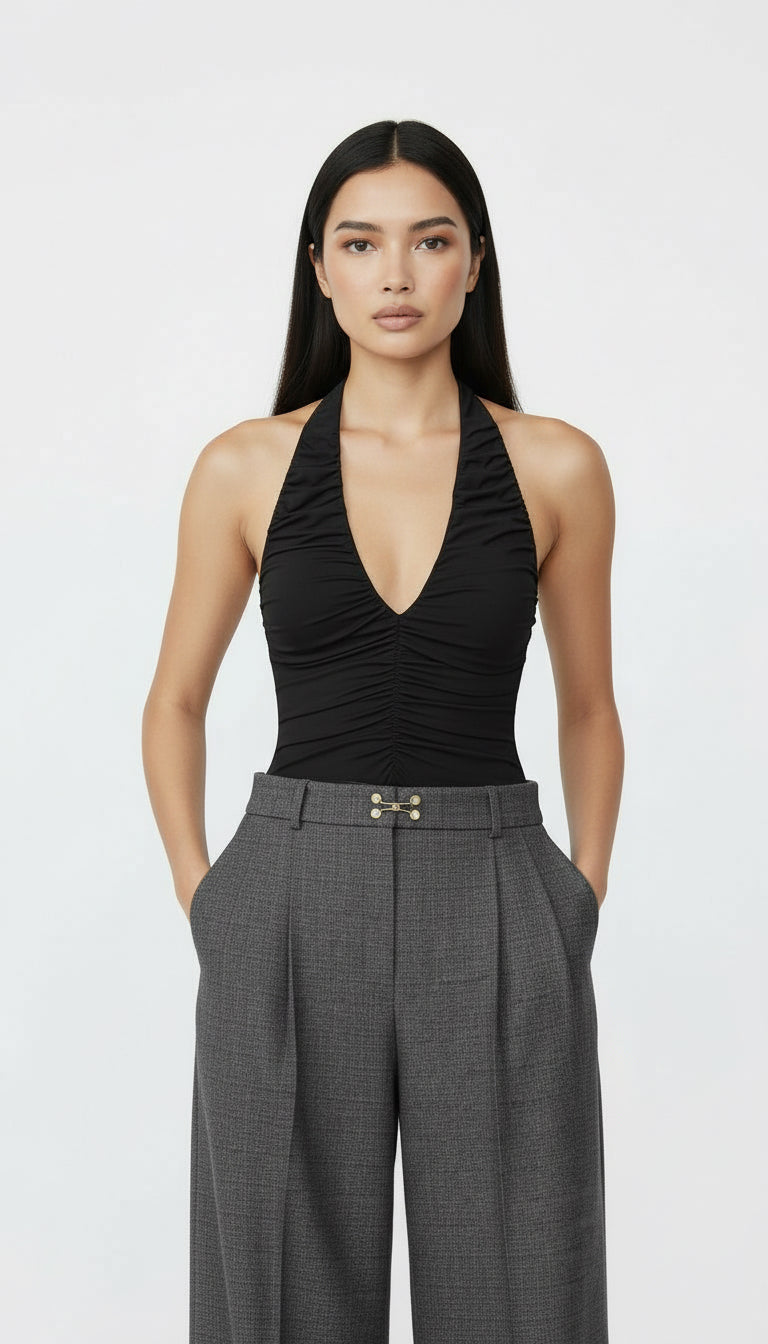 DAWN AGRAF DETAYLI YÜN GRİ PALAZZO PANTOLON