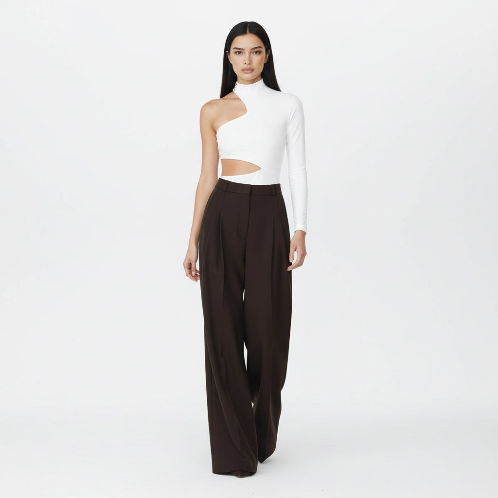 LOVIS SILK WOOL BROWN PALAZZO TROUSERS