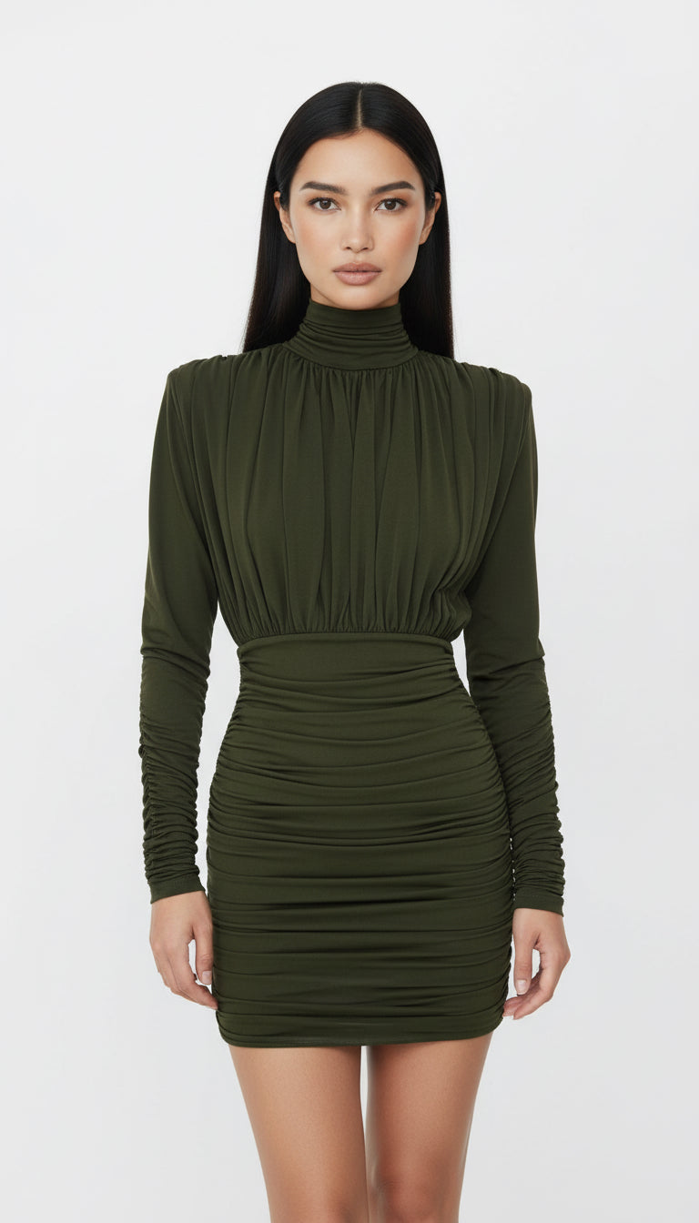 AMOR DRAPED KHAKI MINI DRESS