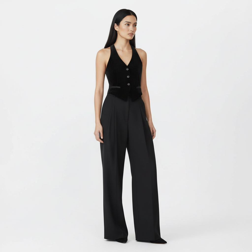 LOVIS SILK WOOL BLACK PALAZZO TROUSERS
