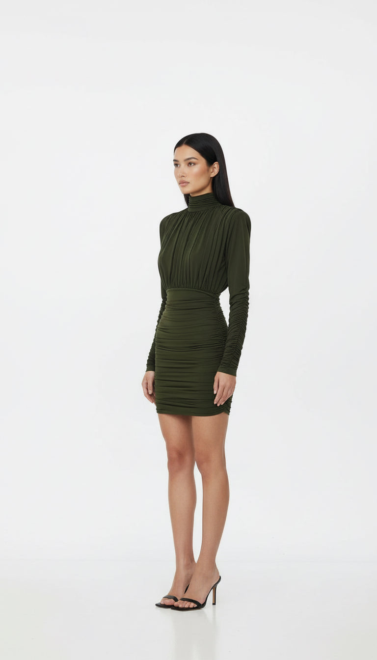 AMOR DRAPED KHAKI MINI DRESS