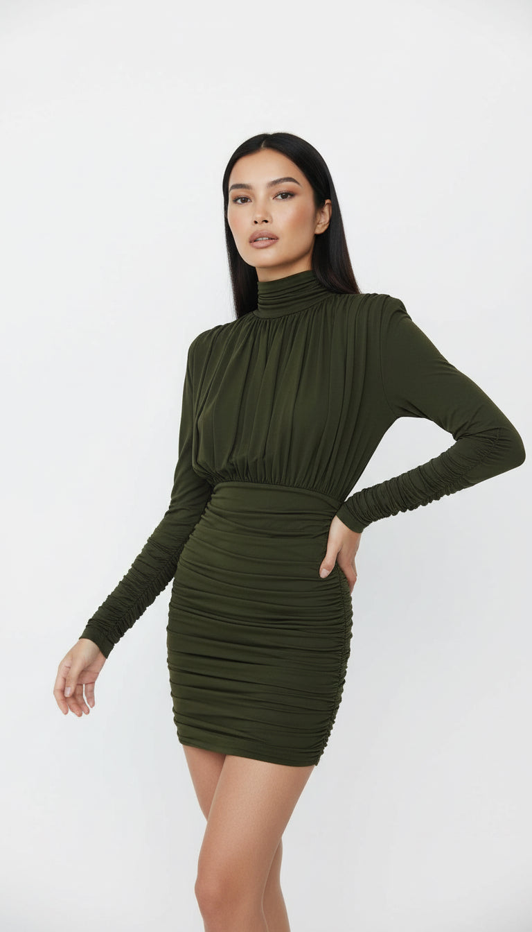 AMOR DRAPED KHAKI MINI DRESS