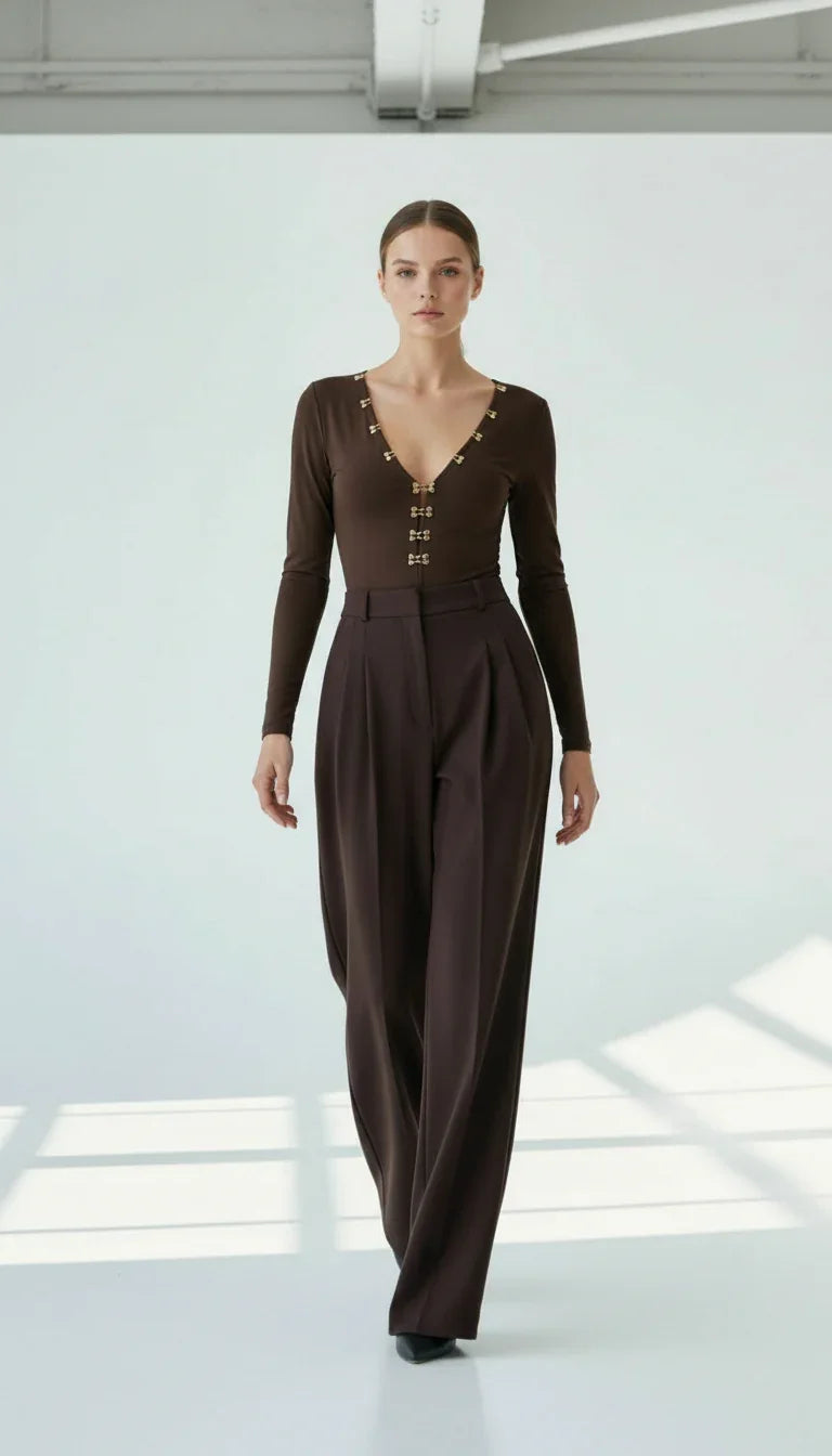 UMA BROWN V-NECK BODYSUIT