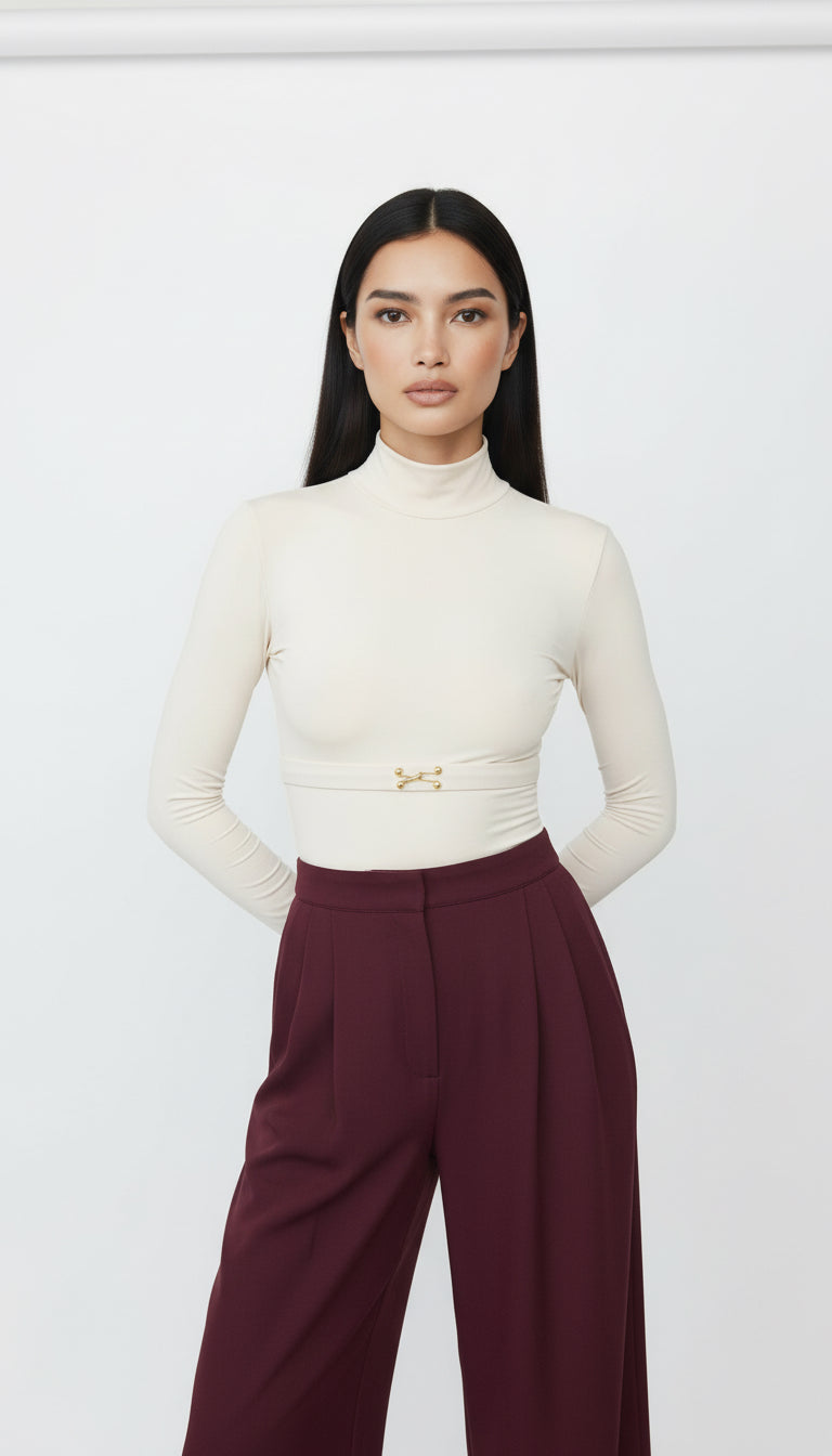 CIAR KEMER DETAYLI EKRU BODYSUIT