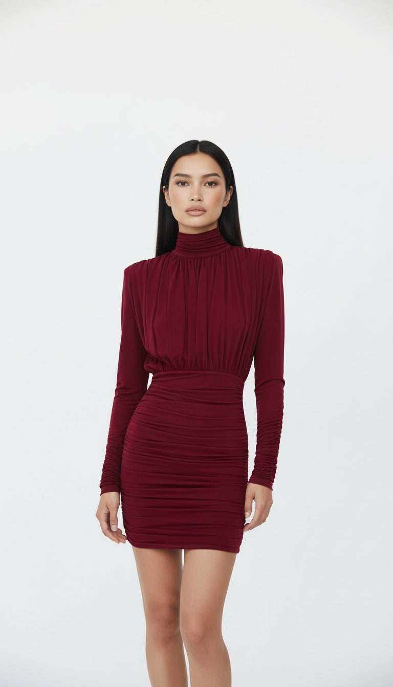 AMOR DRAPELİ BORDO MİNİ ELBİSE