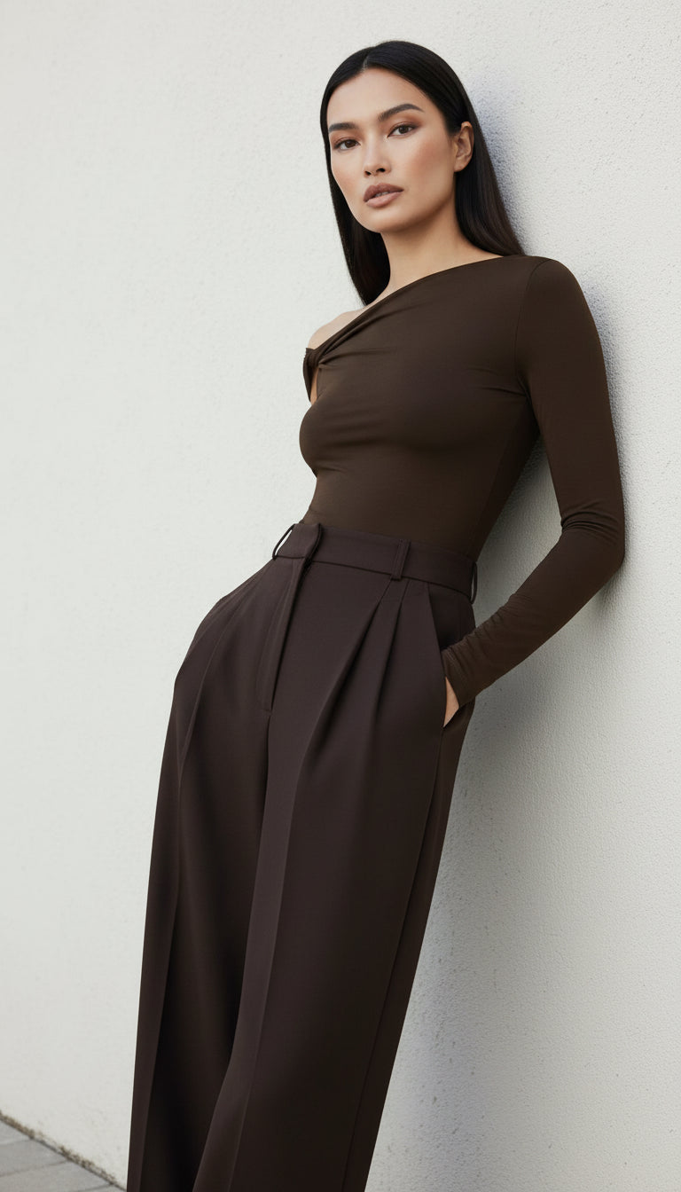 LOVIS SILK WOOL BROWN PALAZZO TROUSERS