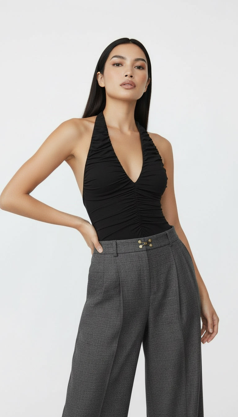 DAWN AGRAF DETAYLI YÜN GRİ PALAZZO PANTOLON