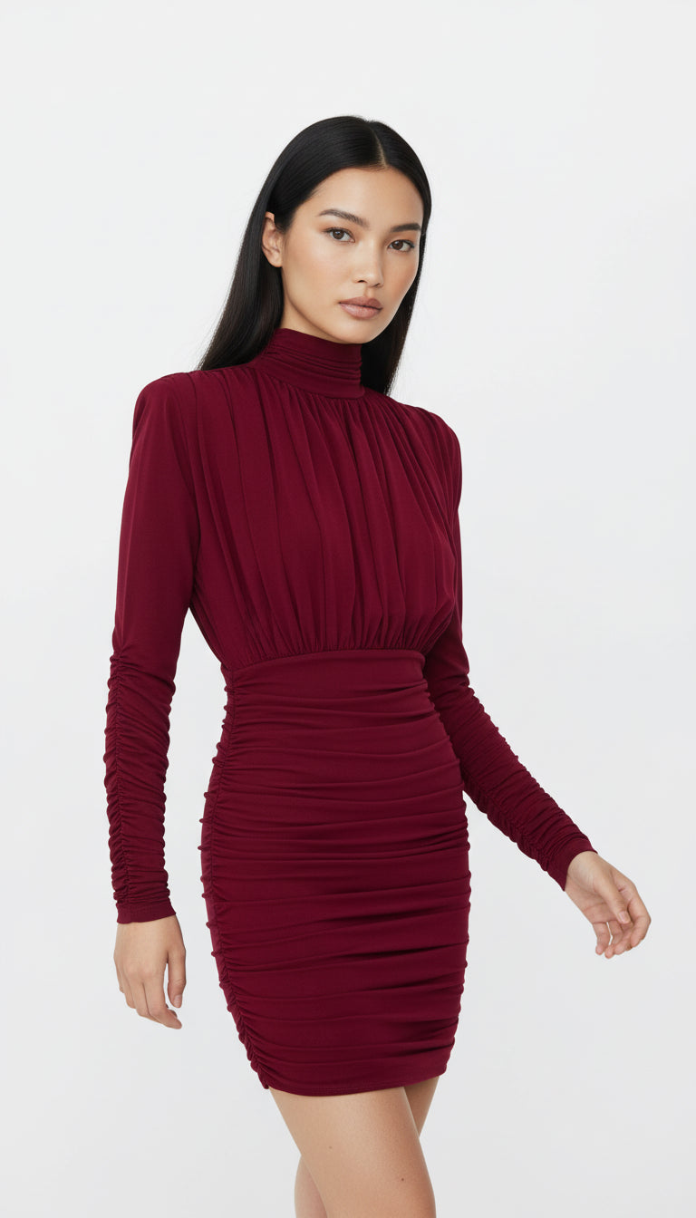 AMOR DRAPED Claret Red MINI DRESS
