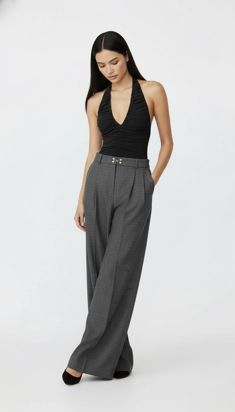 DAWN AGRAF DETAYLI YÜN GRİ PALAZZO PANTOLON