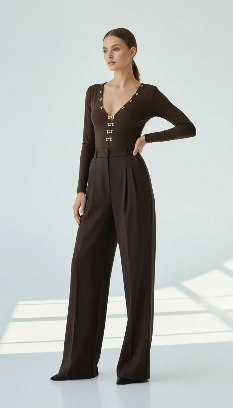 UMA BROWN V-NECK BODYSUIT