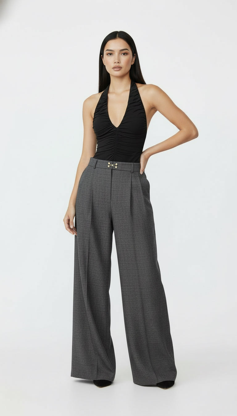 DAWN AGRAF DETAYLI YÜN GRİ PALAZZO PANTOLON